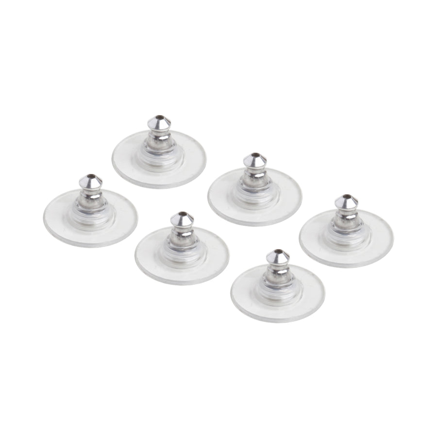 Six silvertone and clear disc earring backs on a white background.