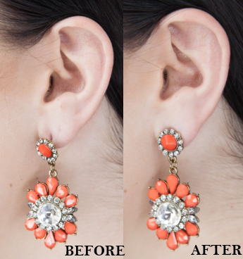Before and after of what a statement earring looks like without and with a T-Back T-shaped earring back.