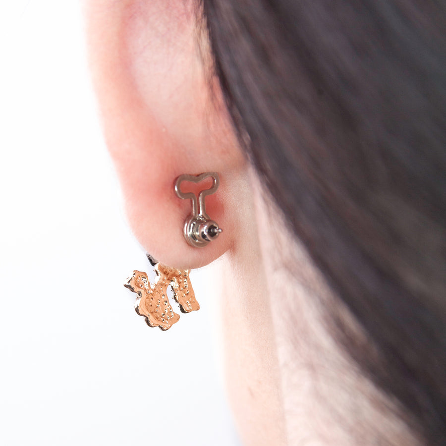 Back view of an ear showing what a T-back looks like when attached to a stud earring.