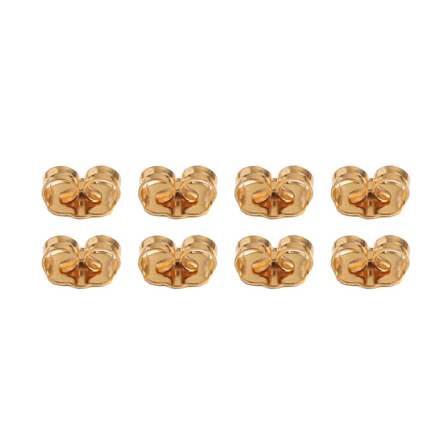 eight butterfly friction earring backs made of gold plated stainless steel laid out in two rows of four for a total of eight.