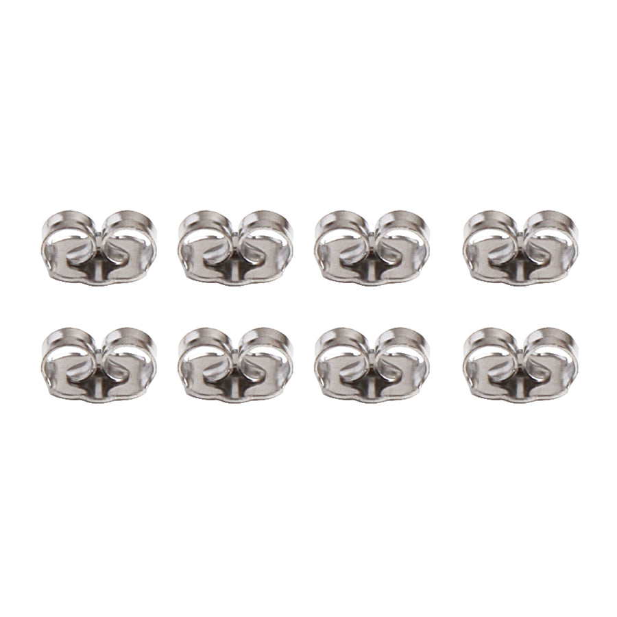 eight butterfly friction earring backs made of stainless steel laid out in two rows of four for a total of eight.