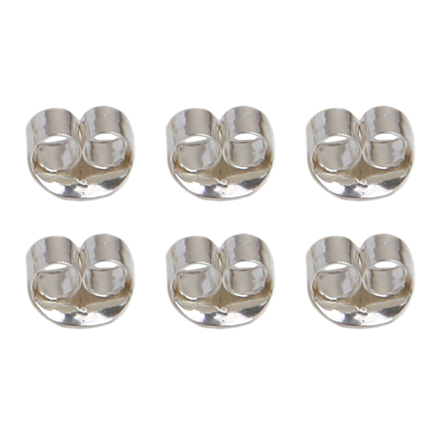 six butterfly friction earring backs made of sterling silver laid out in two rows of three against a white background
