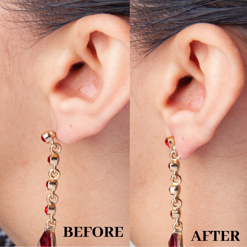 before and after showing dangle earrings without and with stabilizer disc earring backs