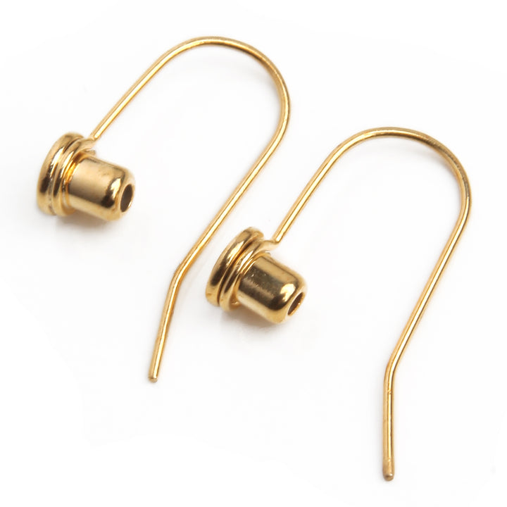 Gold post to wire earring converters on a white background.