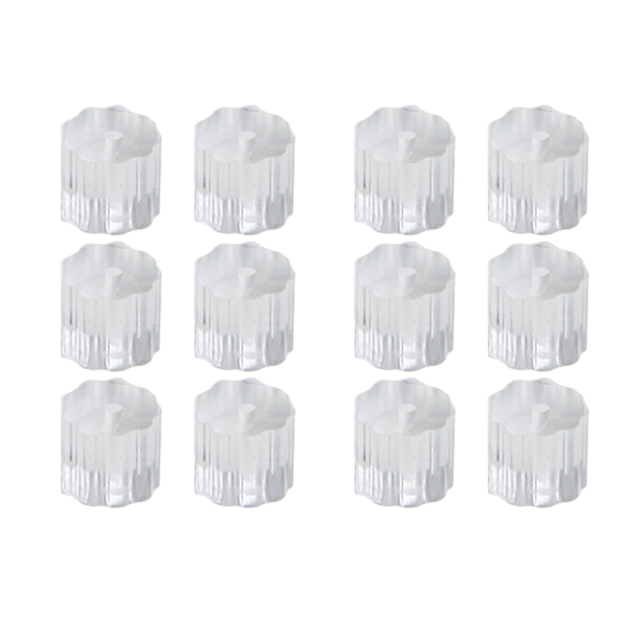 twelve small, clear cylindrical earring backs on a white background. 