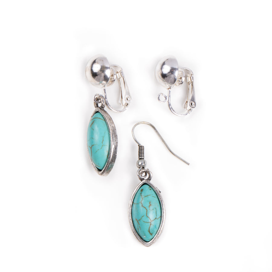 a pair of silvertone fish hook to clip on earring converters showing before and after using the converters with turquoise dangle earrings on white background