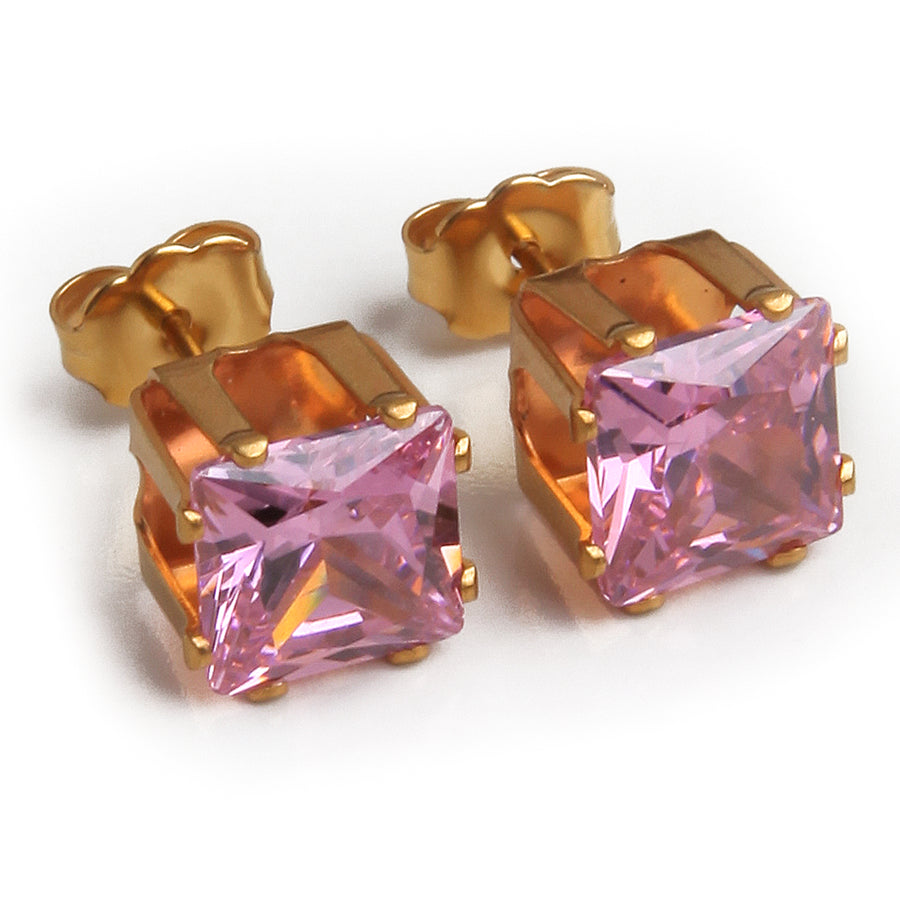 Pink Square Cubic Zirconia Earrings in Gold 3 Pairs