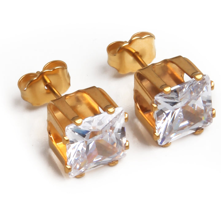 8mm Clear Square Cubic Zirconia Earrings in Gold