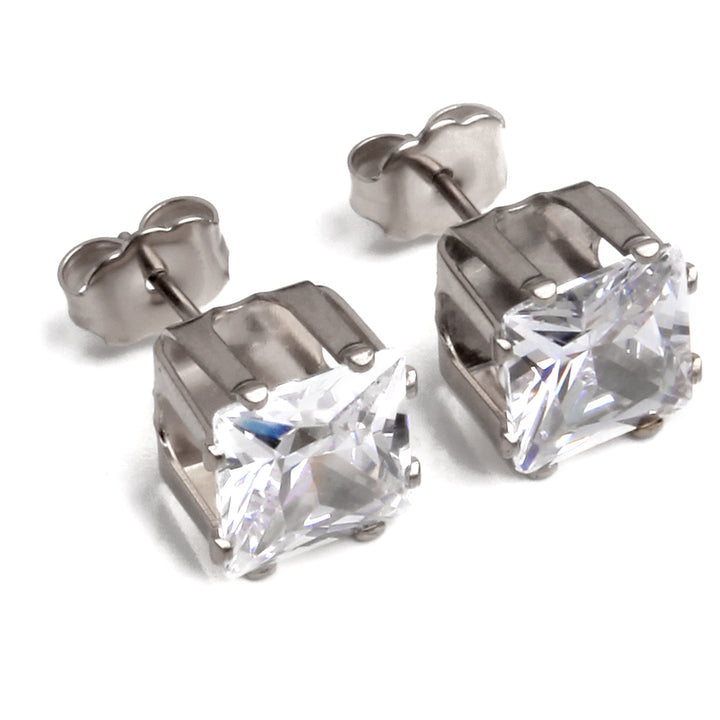 8mm Clear Square Cubic Zirconia Earrings in Silver