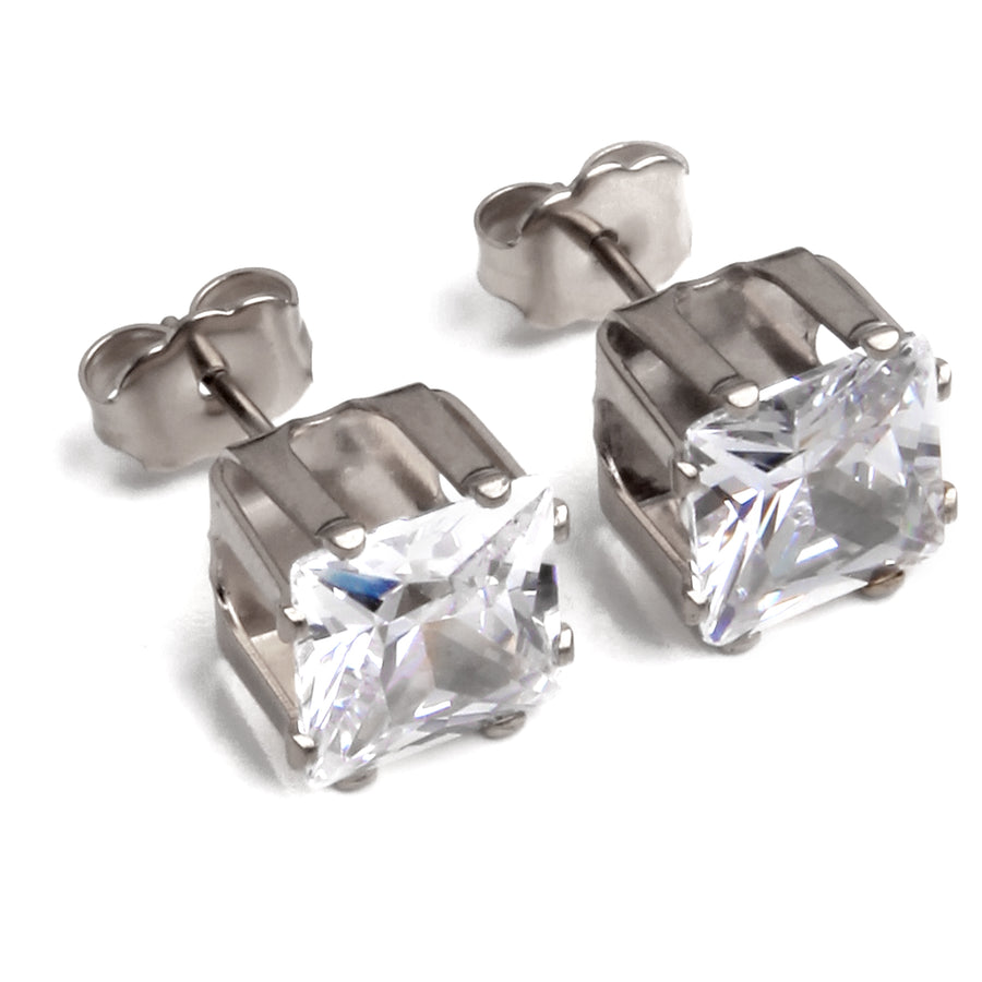 8mm Clear Square Cubic Zirconia Earrings in Silver