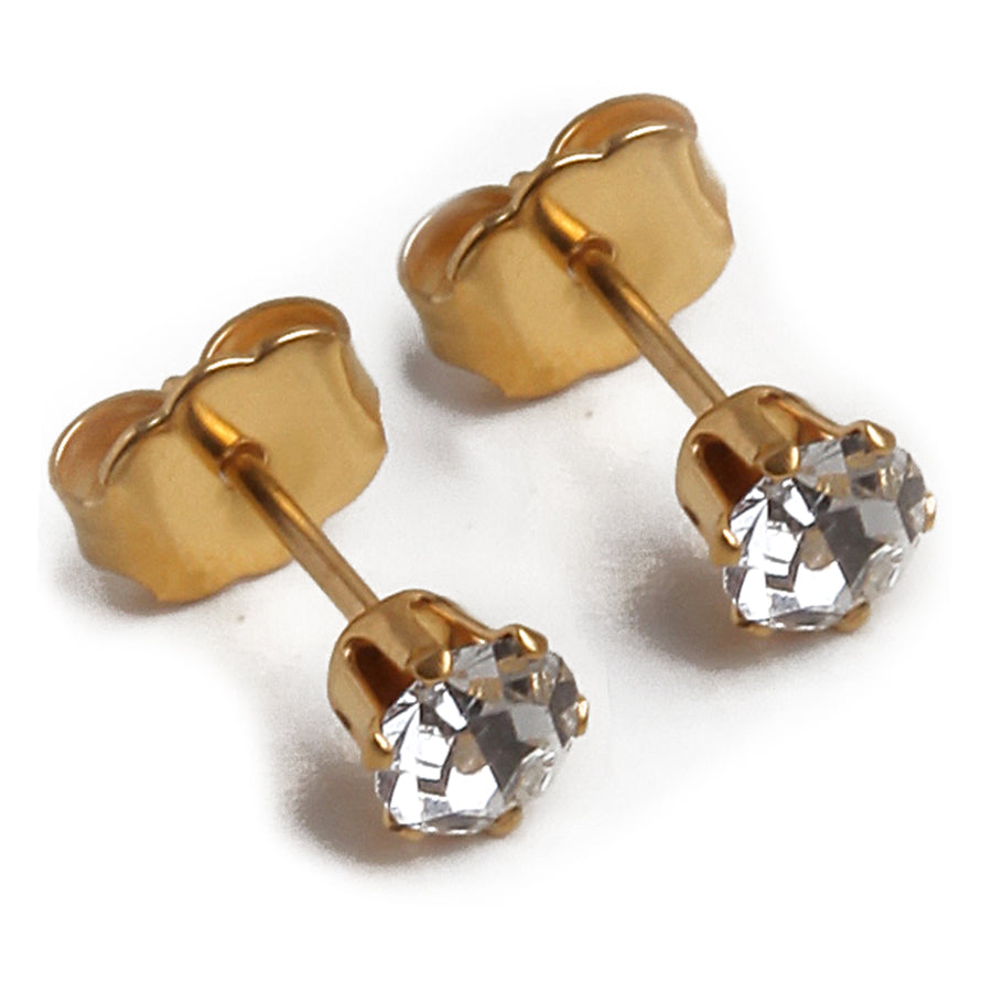 top side view of clear 4mm april birthstone earrings against white background