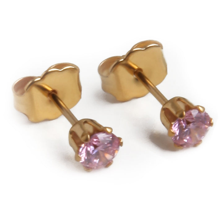 4mm Pink Cubic Zirconia Earrings in Gold
