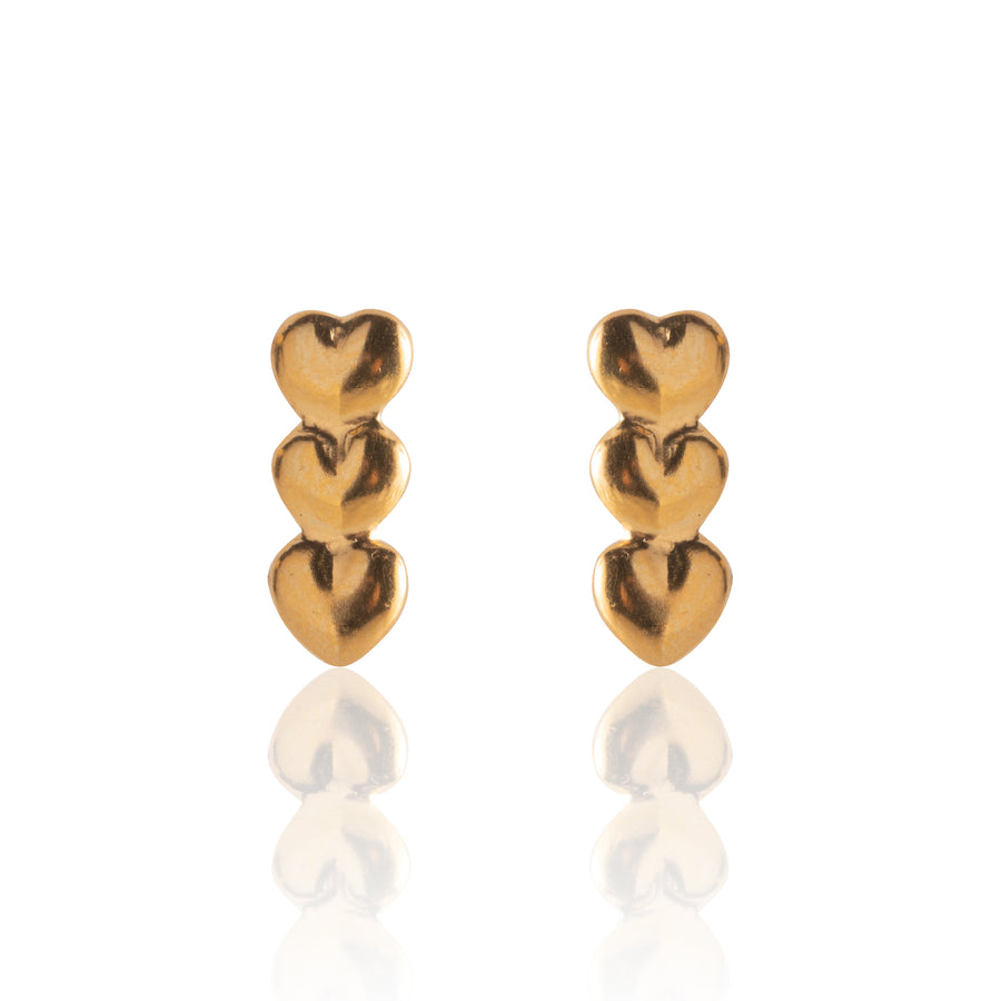 Gold Triple Heart Stud Earrings