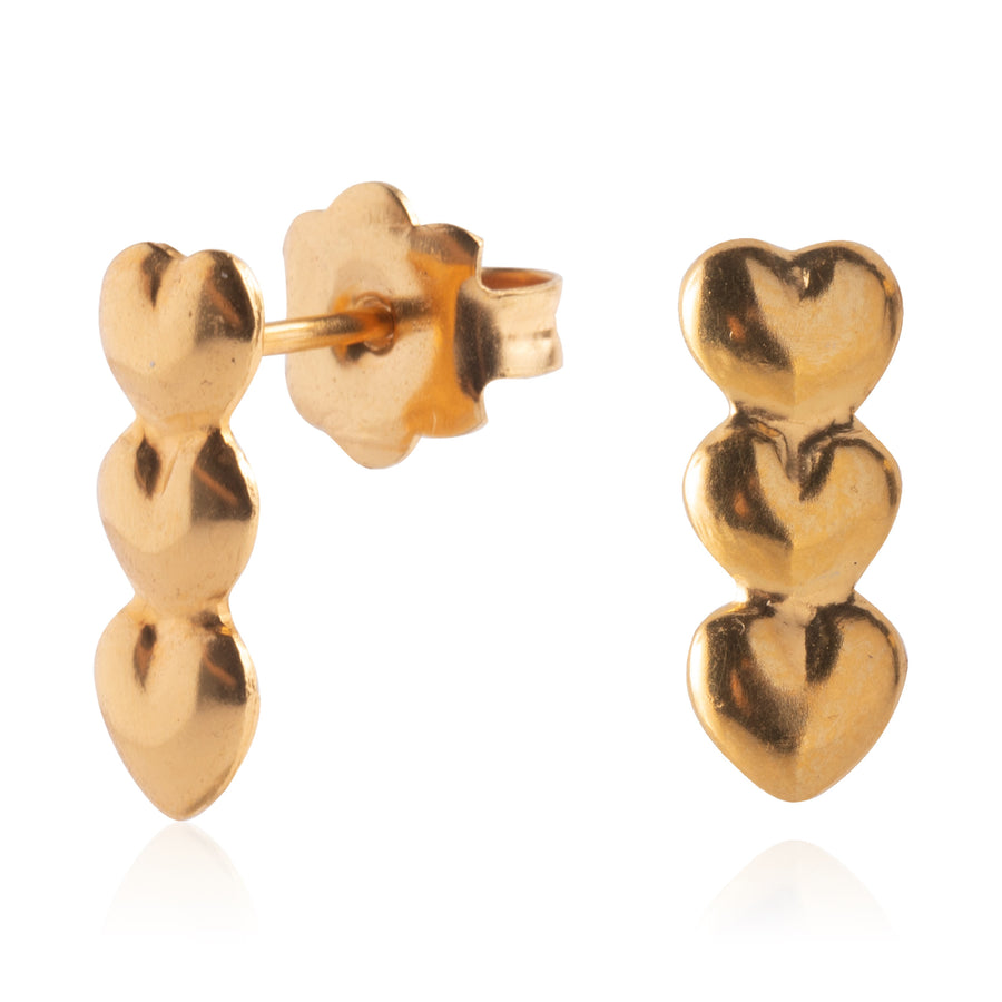 Gold Triple Heart Stud Earrings