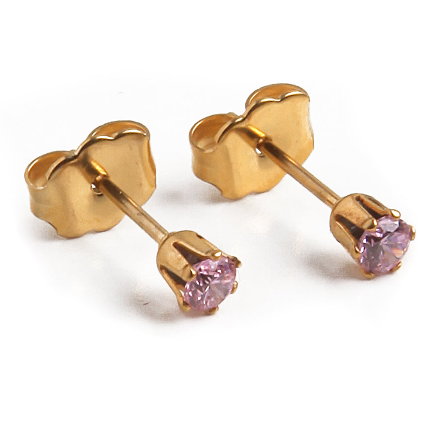 3mm Pink Cubic Zirconia Earrings in Gold
