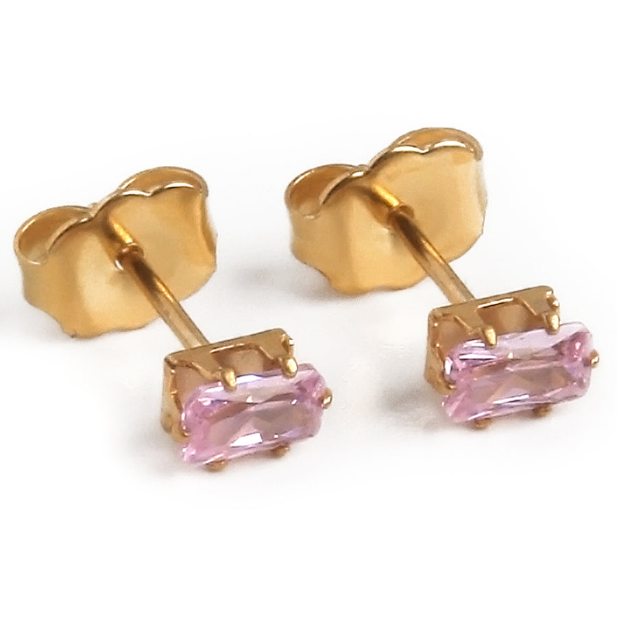 5mm Pink Rectangle Cubic Zirconia Earrings in Gold