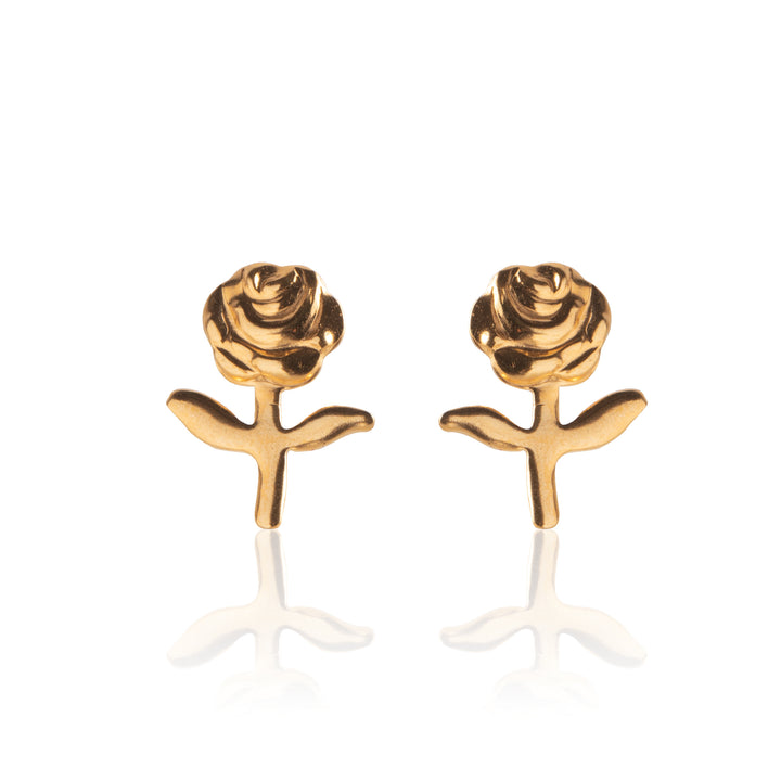 Gold Stemmed Rose Stud Earrings