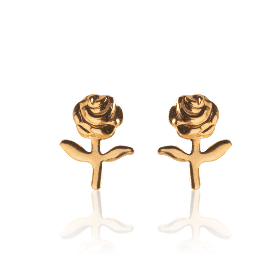 Gold Stemmed Rose Stud Earrings