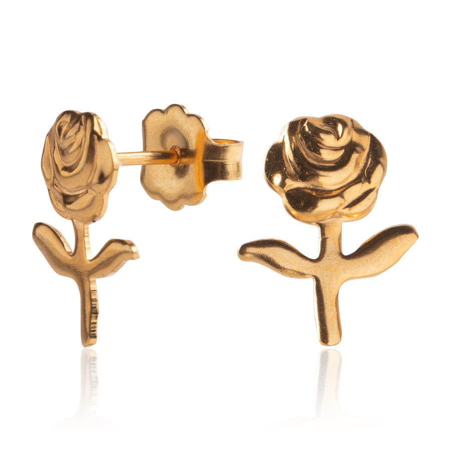 Gold Stemmed Rose Stud Earrings