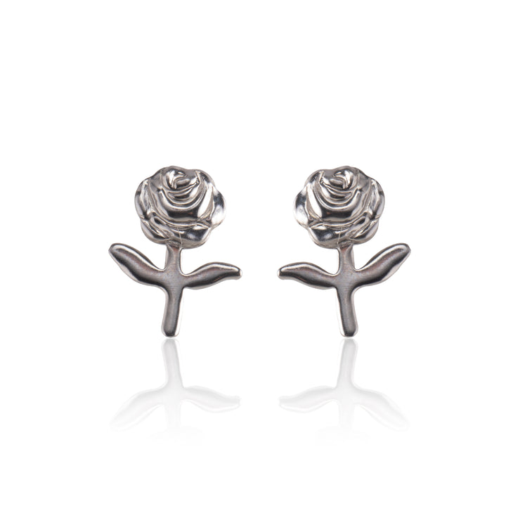 Silver Stemmed Rose Stud Earrings