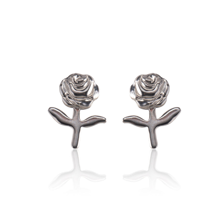Silver Stemmed Rose Stud Earrings