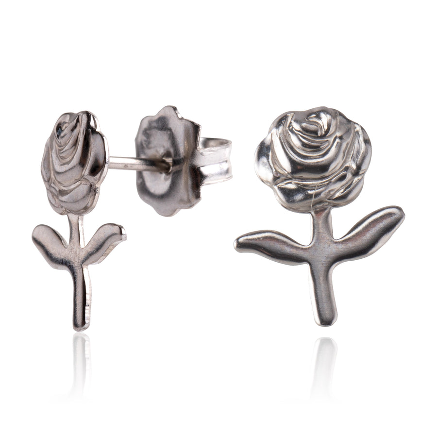 Silver Stemmed Rose Stud Earrings