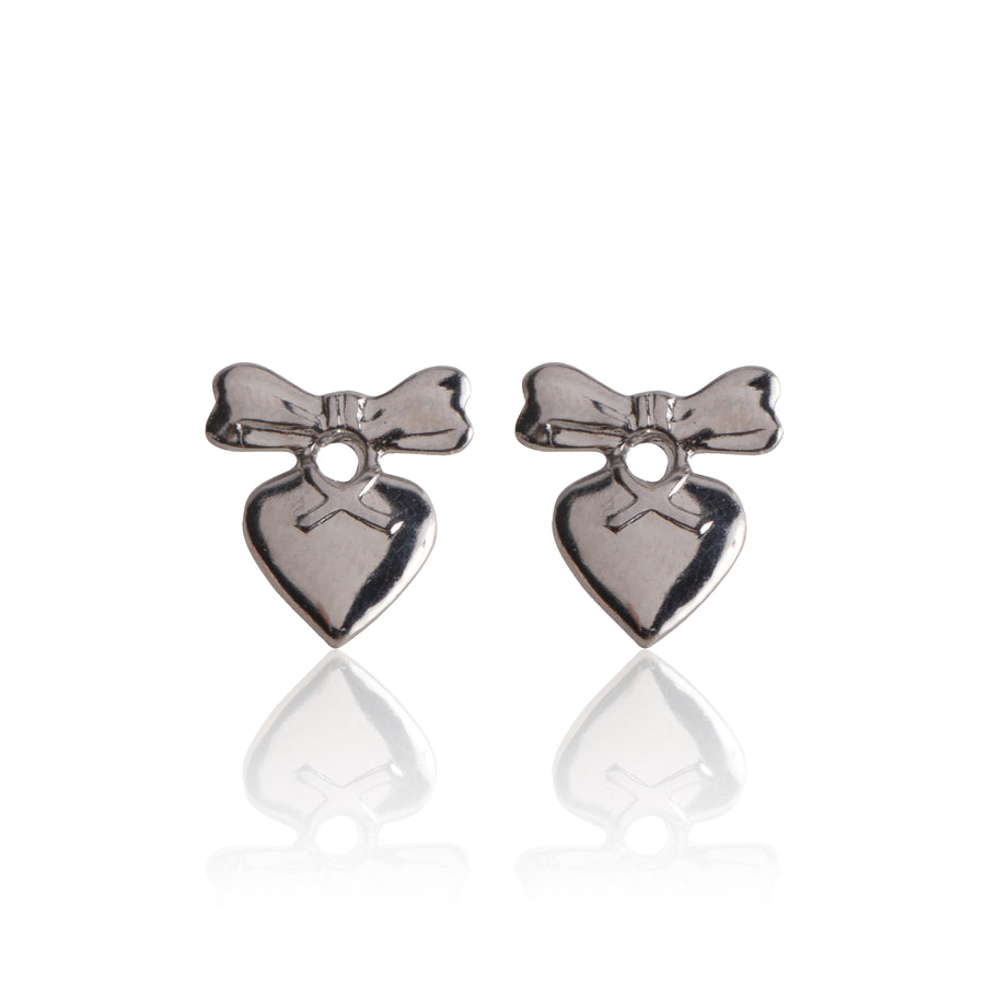 Silver Bow-topped Heart Stud Earrings