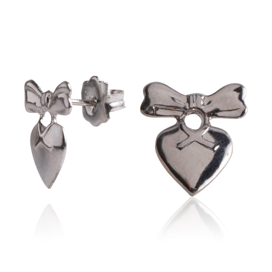 Silver Bow-topped Heart Stud Earrings