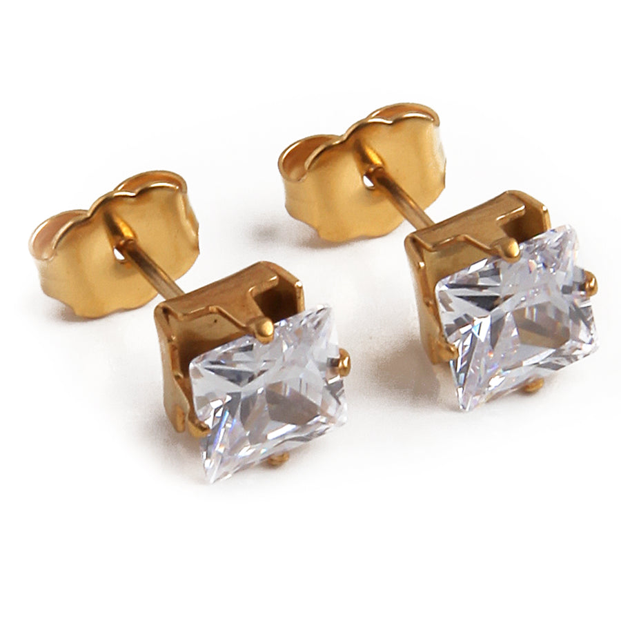 Wholesale | 6mm Clear Square Cubic Zirconia Earrings in Gold