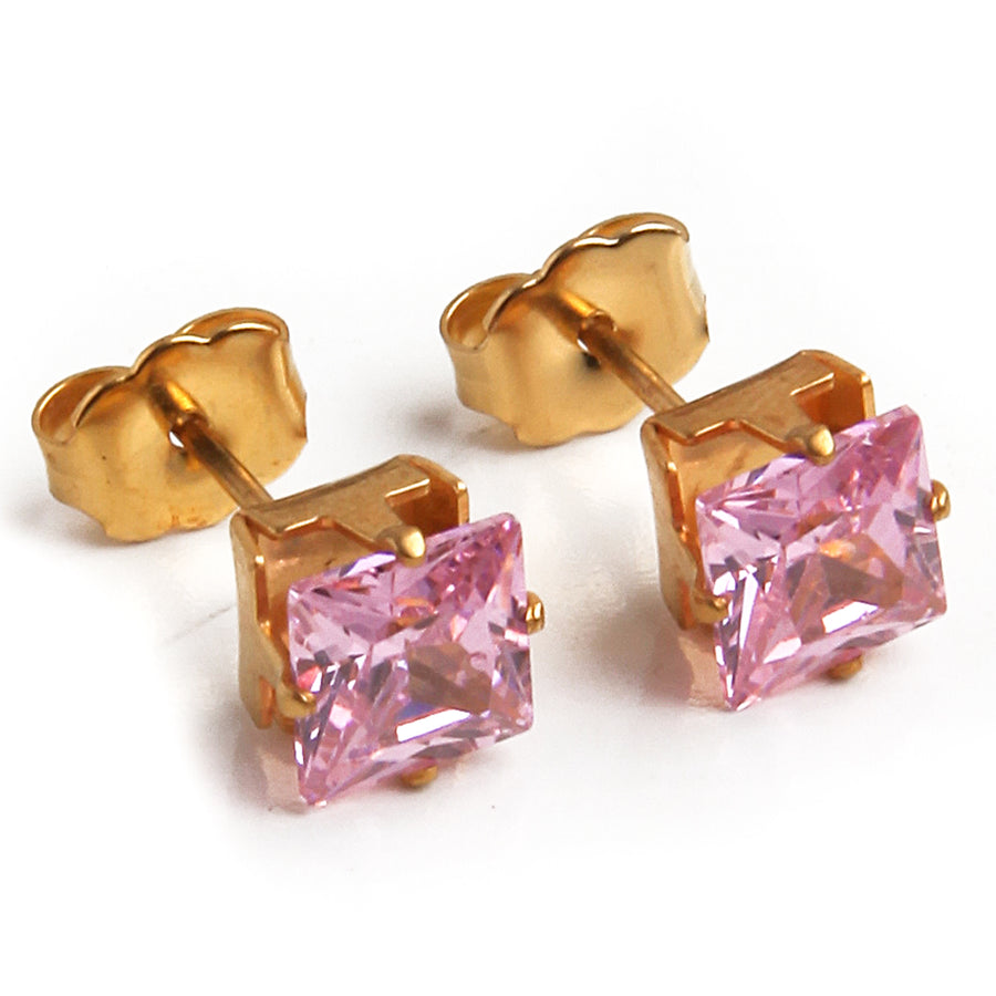 6mm Pink Square Cubic Zirconia Earrings in Gold