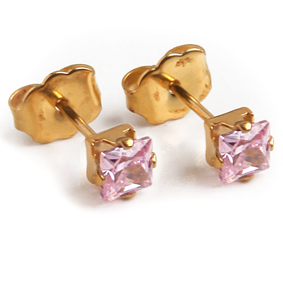 Wholesale | 4mm Pink Square Cubic Zirconia Earrings in Gold