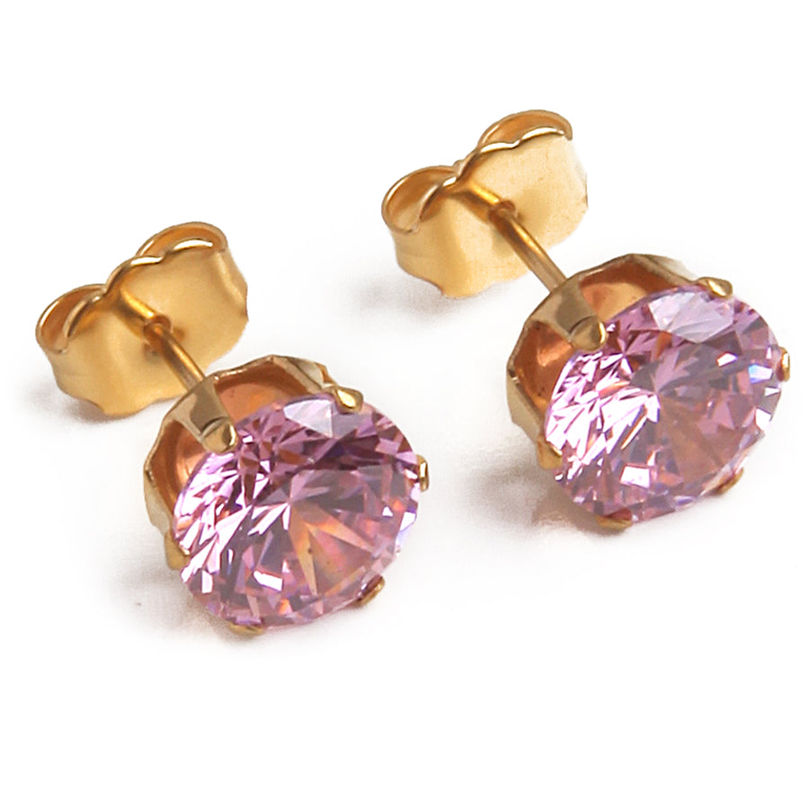 8mm Pink Cubic Zirconia Earrings in Gold