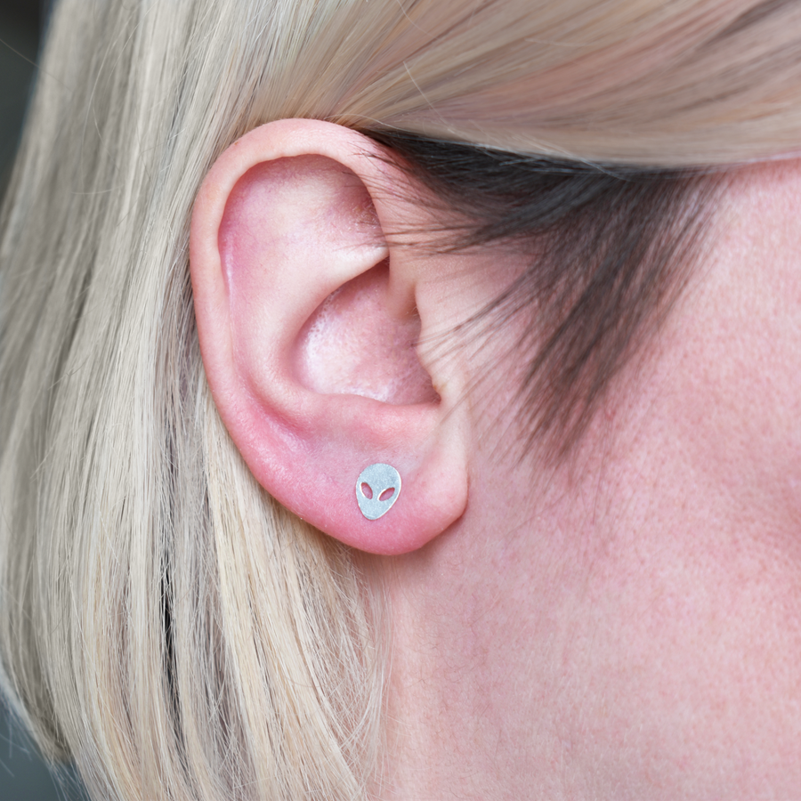 Silver Alien Head Stud Earrings