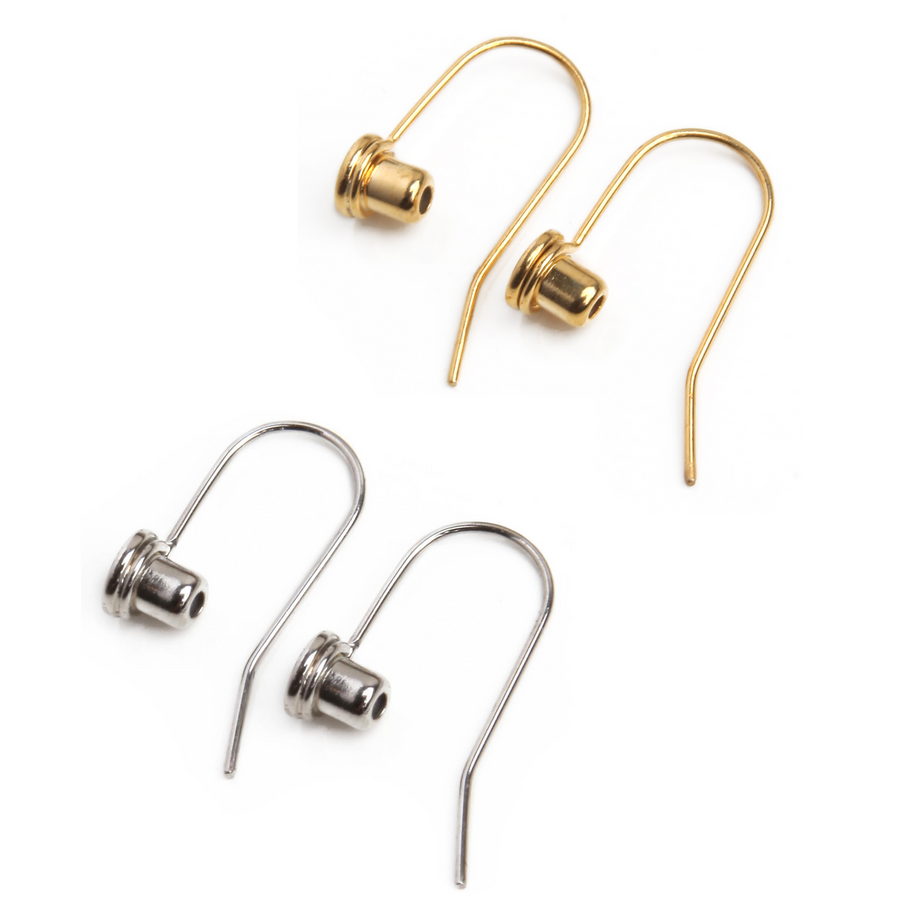 Two pairs of Post to Wire Earring Converters, one pair in gold and one pair on silver, against a white background.