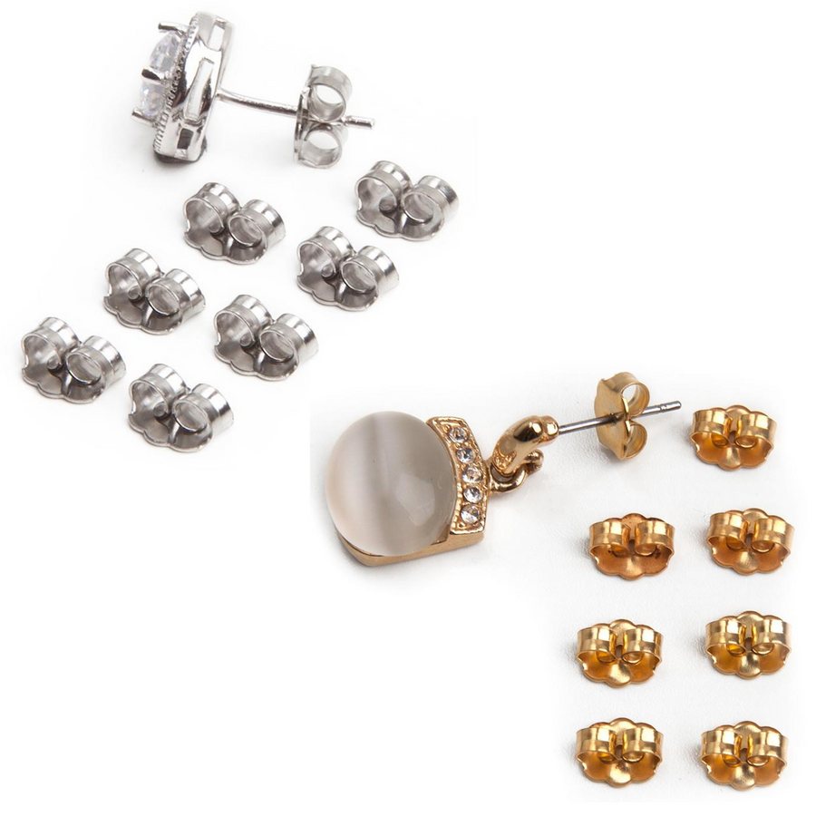 sixteen butterfly friction earring backs in both gold plated stainless steel and silvertone stainless steel featuring an earring with 5 gesmtones and a tiger eye-look stone and another earring  with a large clear diamond in a silver halo setting against a white background
