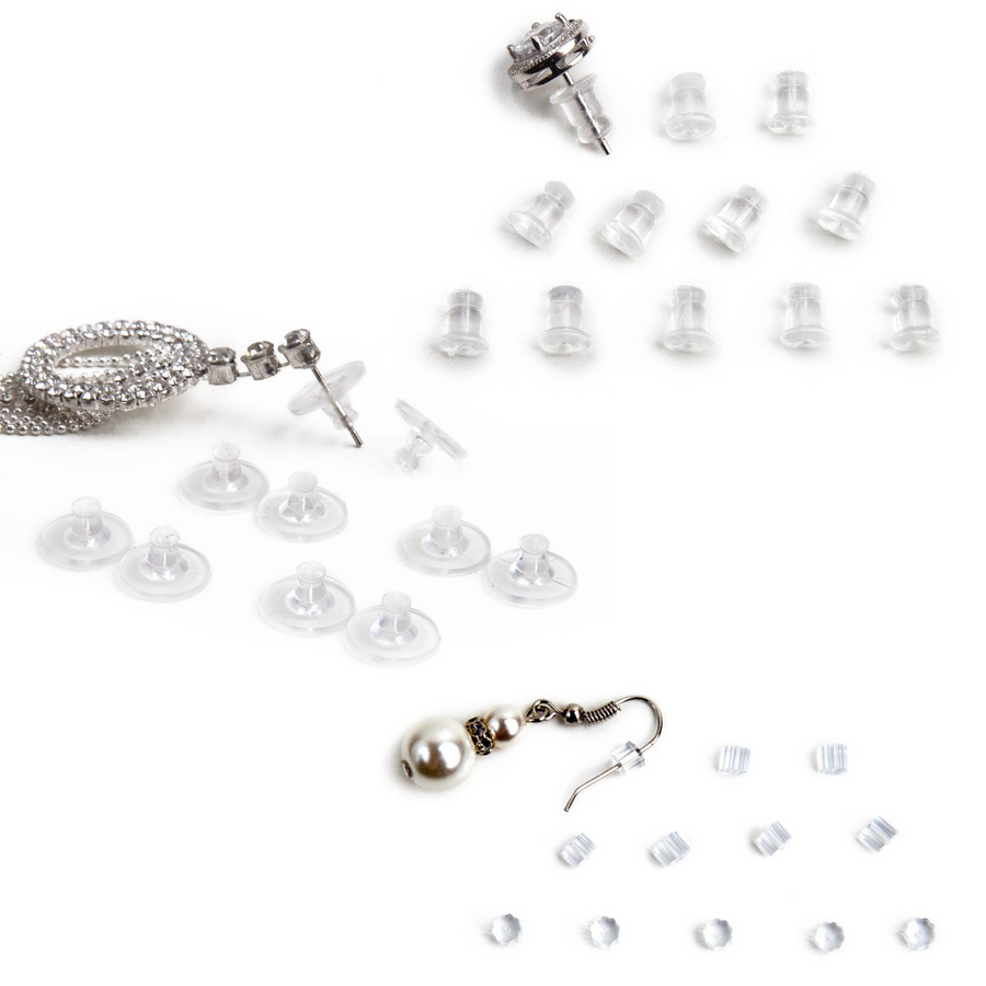 three different styles of clear plastic earring backs next to an earring showing how the backing is used on earrings.