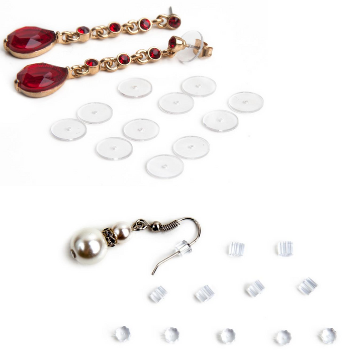 Clear stabilizer discs and clear small wire earring backs next to earrings showing how they are worn when attached to stud or wire earrings.