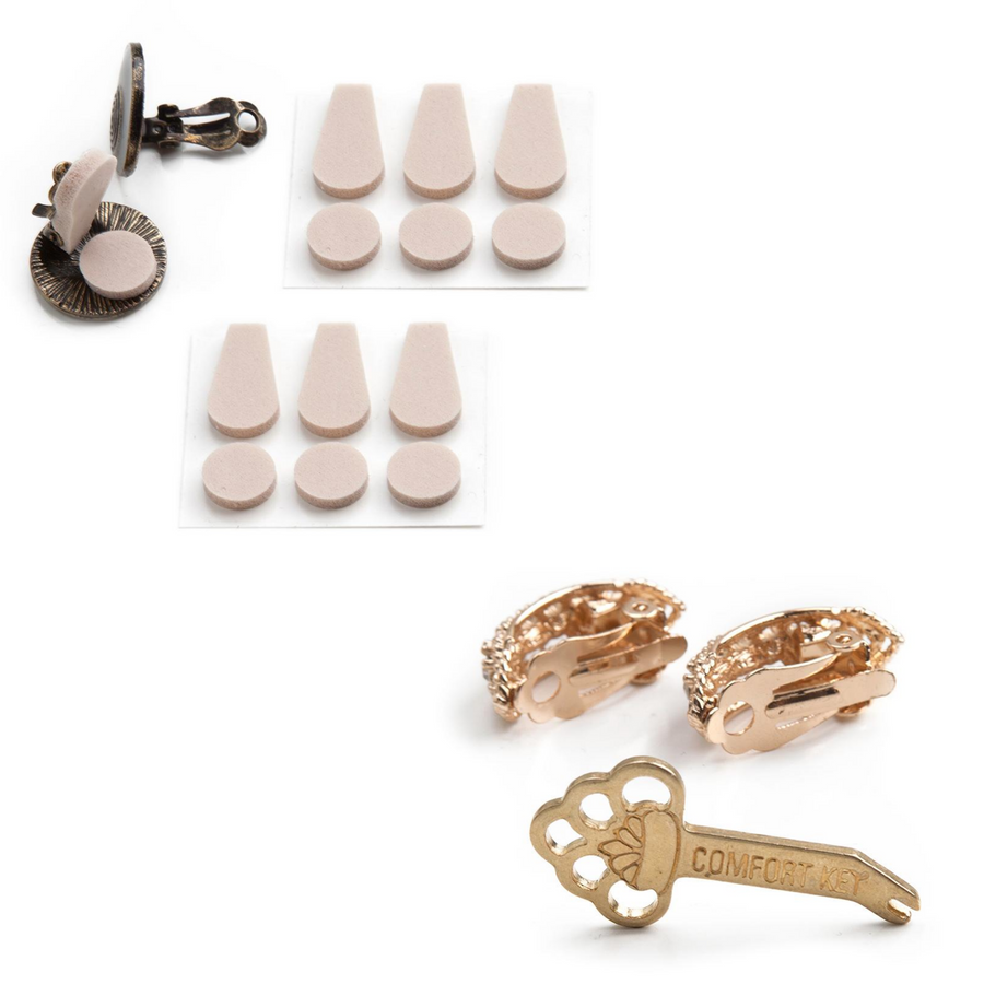 clip on earring pads  with a pair of clip on earrings showing where the pads a placed to wear them properly with a tension key for tightening and loosening clip earrings next to a second pair of clip on earrings on a white background