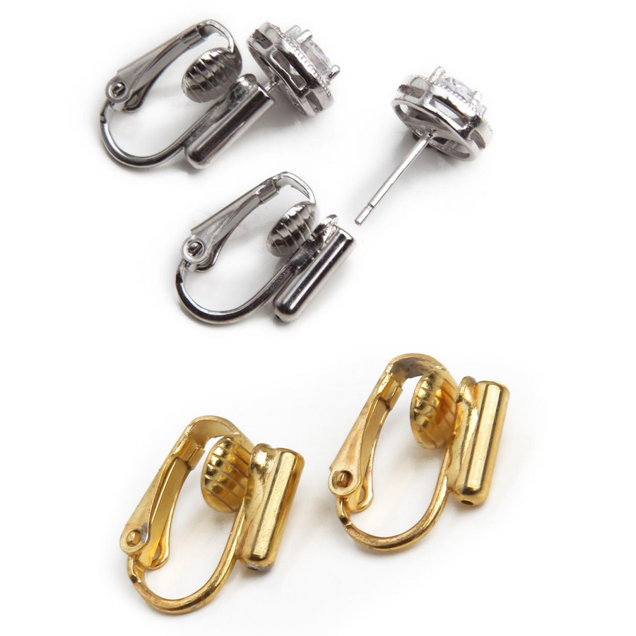 four post to clip on earring converters on a white background with one pair of goldtone converters by themselves and a pair of silver converters with clear gemstone stud earrings to show how the converters work
