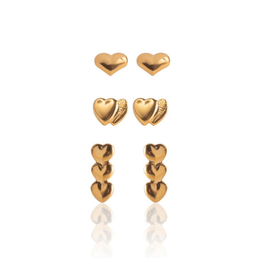 Gold Heart Earrings 3 Pairs