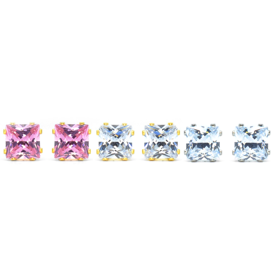 8mm Square Cubic Zirconia Earrings 3 Pairs