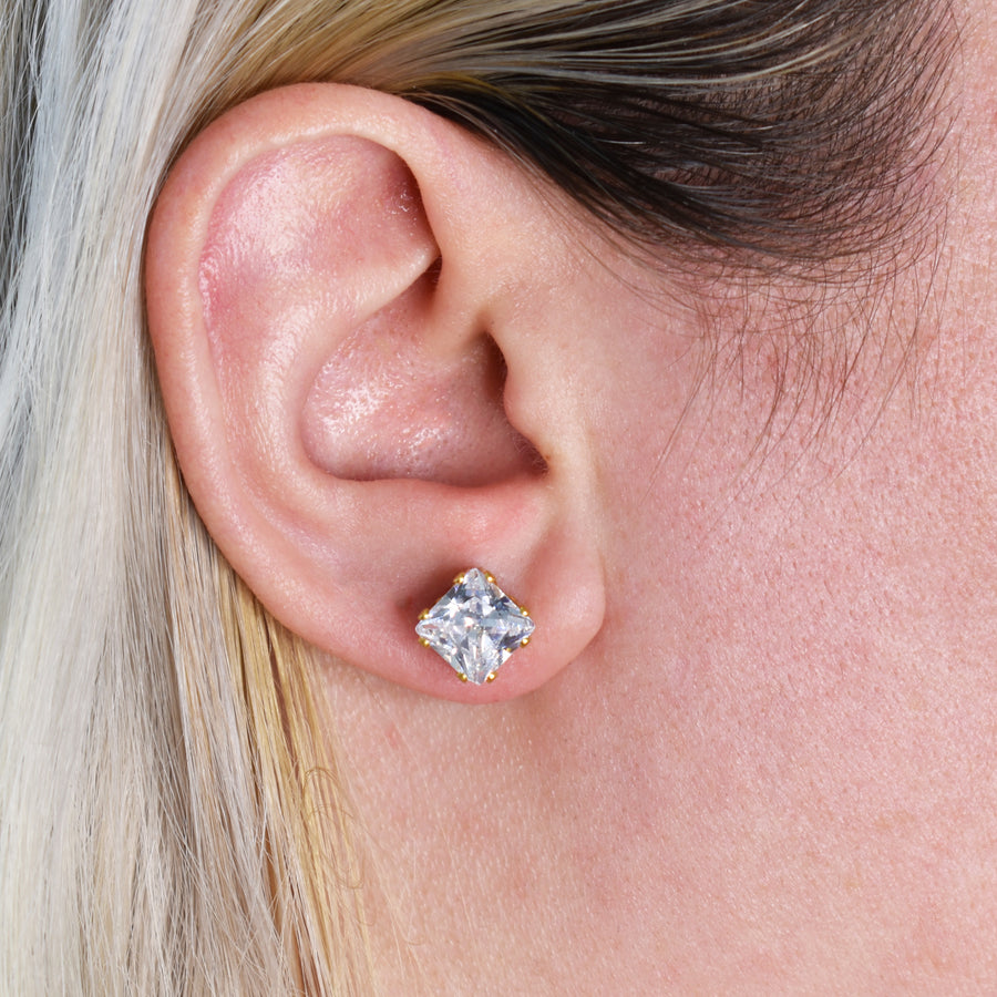 8mm Clear Square Cubic Zirconia Earrings in Gold