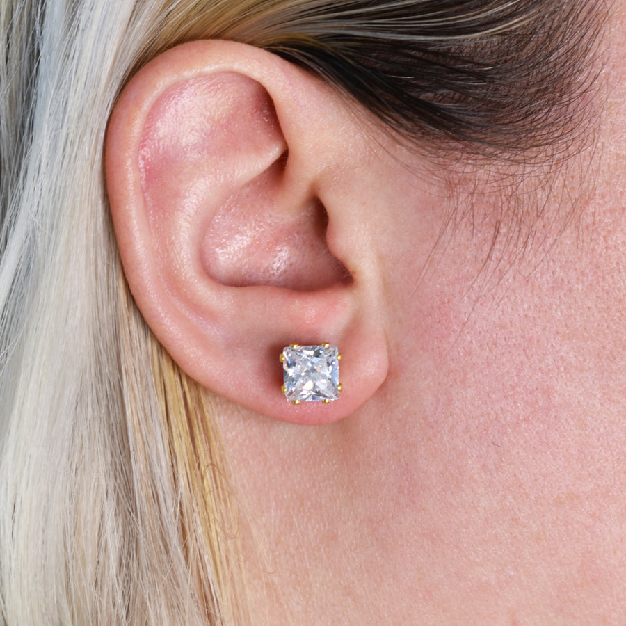 8mm Clear Square Cubic Zirconia Earrings in Gold