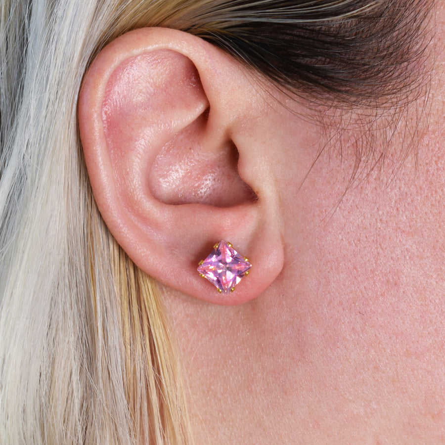 8mm Pink Square Cubic Zirconia Earrings in Gold
