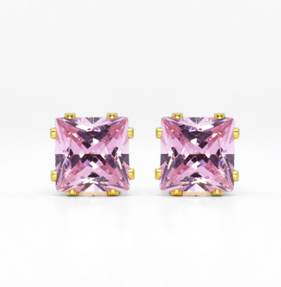 Wholesale | 8mm Pink Square Cubic Zirconia Earrings in Gold