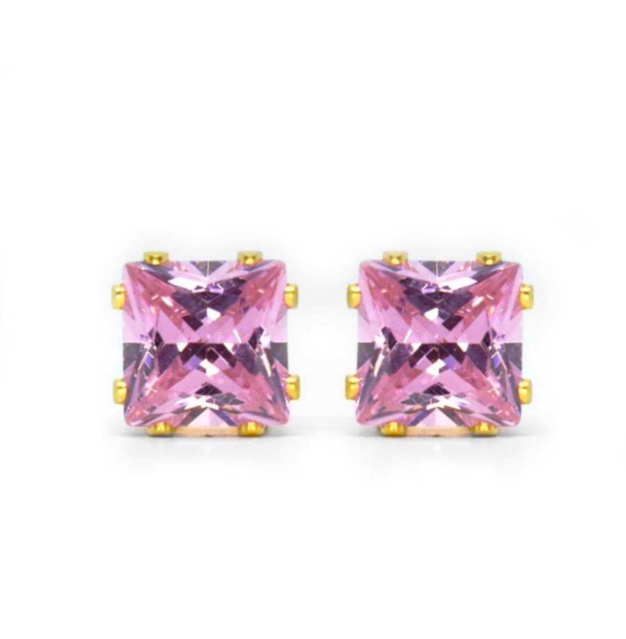 8mm Pink Square Cubic Zirconia Earrings in Gold
