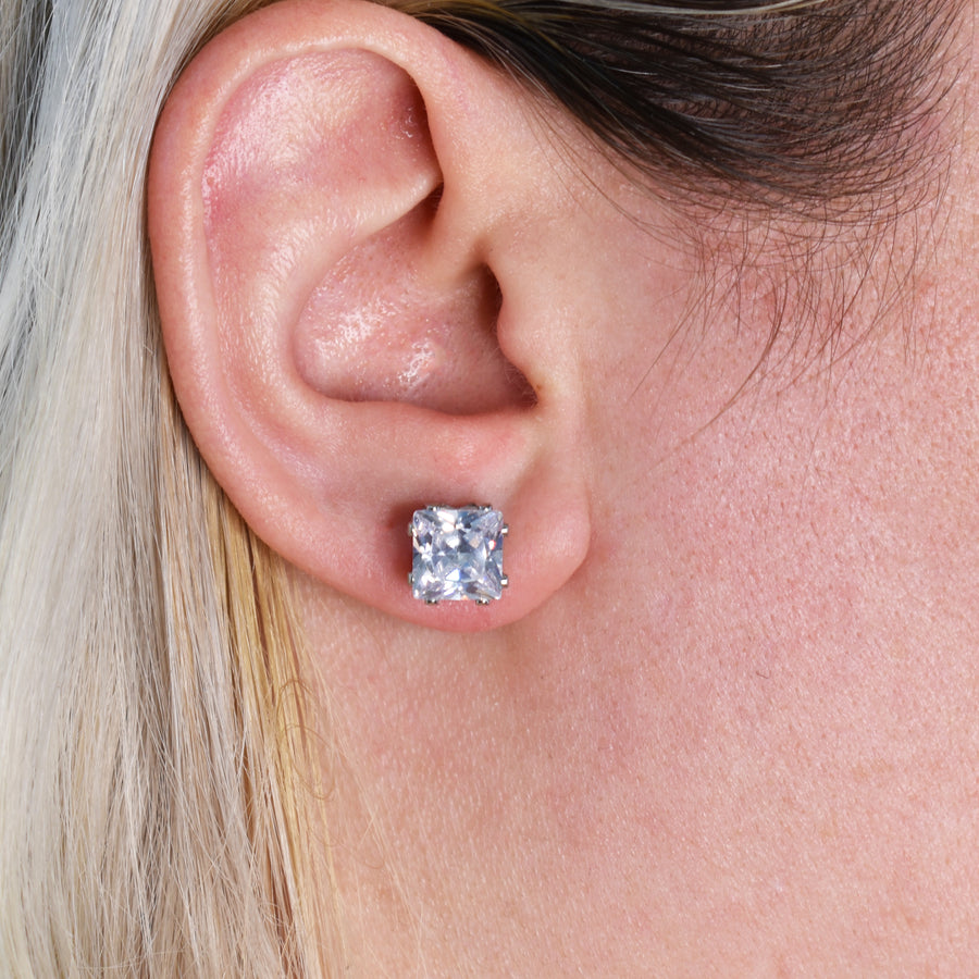 8mm Clear Square Cubic Zirconia Earrings in Silver