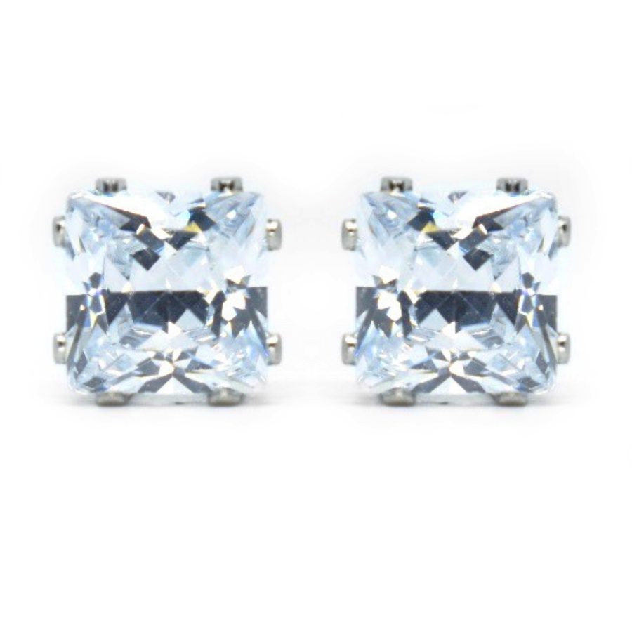8mm Clear Square Cubic Zirconia Earrings in Silver