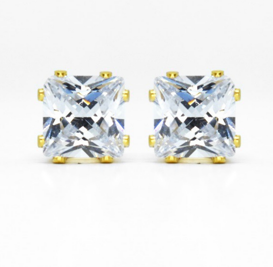 Wholesale | 8mm Clear Square Cubic Zirconia Earrings in Gold