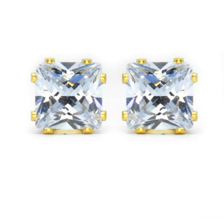 8mm Clear Square Cubic Zirconia Earrings in Gold